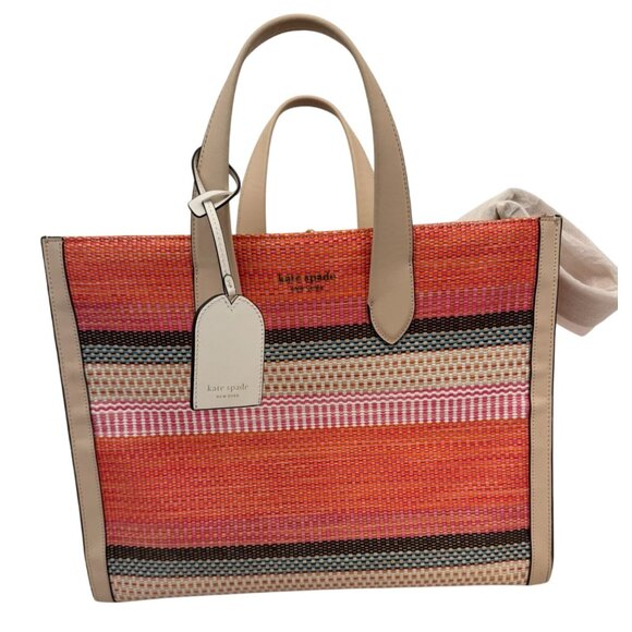 NWOT Kate Spade New York Market Stripe Tote Bag Woven Canvas & Leather Handles B - Picture 1 of 11